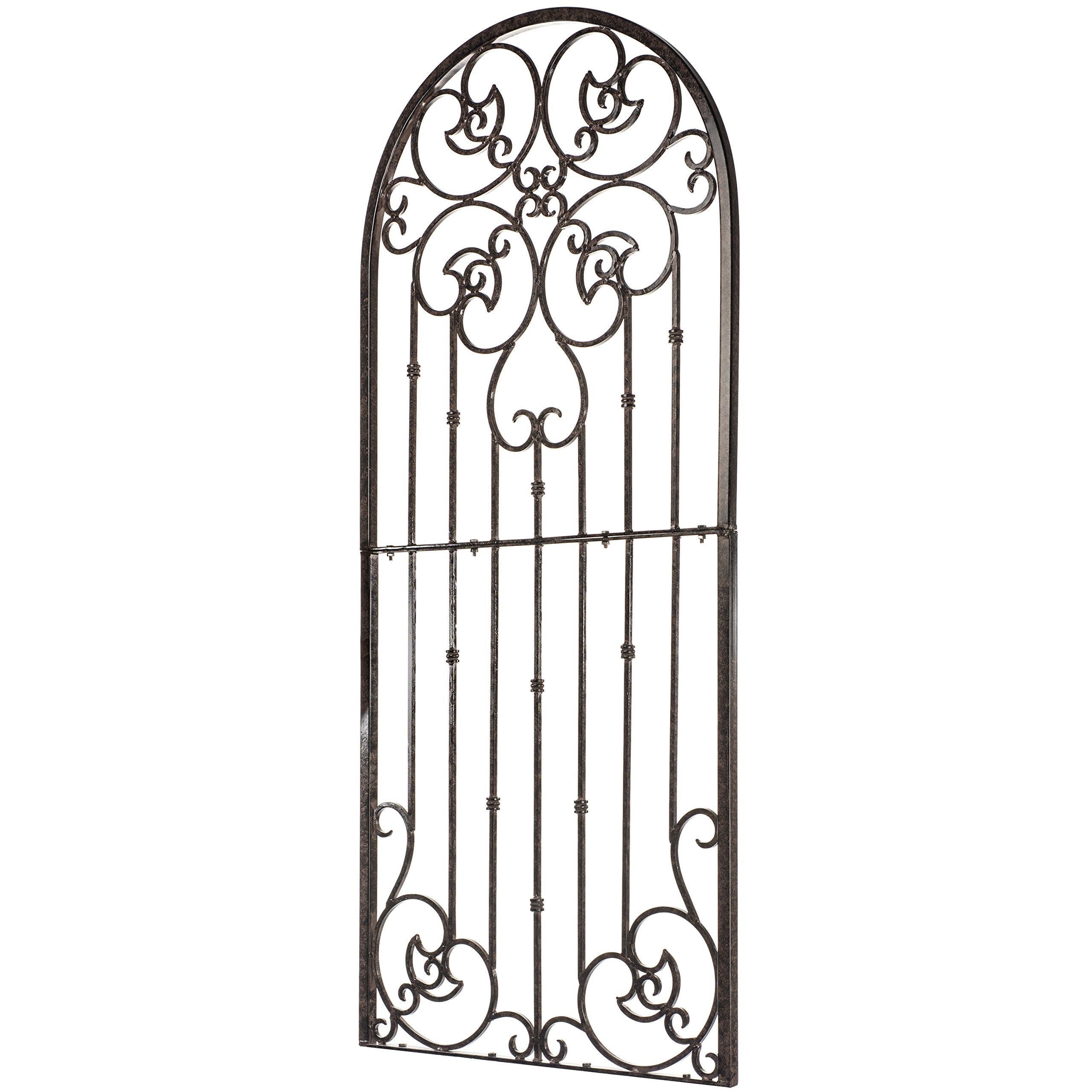 H Potter 72” Heavy Duty Garden Trellis – 60 lb Solid Iron Scrollwork Panel, 1” Metal Frame with Ground & Stabilizing Stakes (Charcoal Brown)