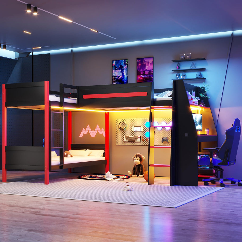 Merax L-Shaped Twin Size Triple Bunk Bed for 3 People, Wood Gaming Loft Bed with Built-in Desk, Shelves, Lights and Full-Length Guardrails, Black+Red