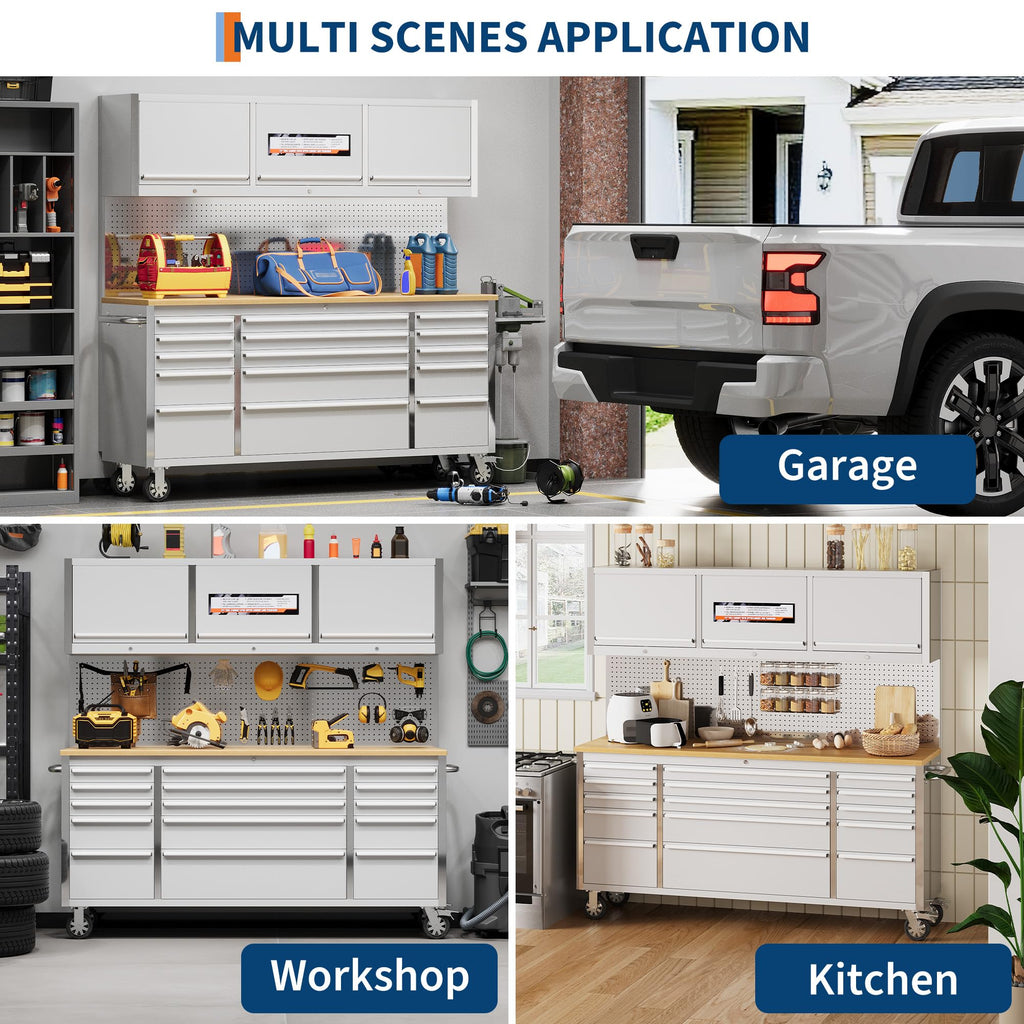 IDEALHOUSE 72 inch Rolling Tool Chest, Garage Workbench with 15 Drawers, Solid Rubber Wood Top & with Wheels Lock Key Locking, Mobile Workstation Tool Cabinet for Workshop Storage