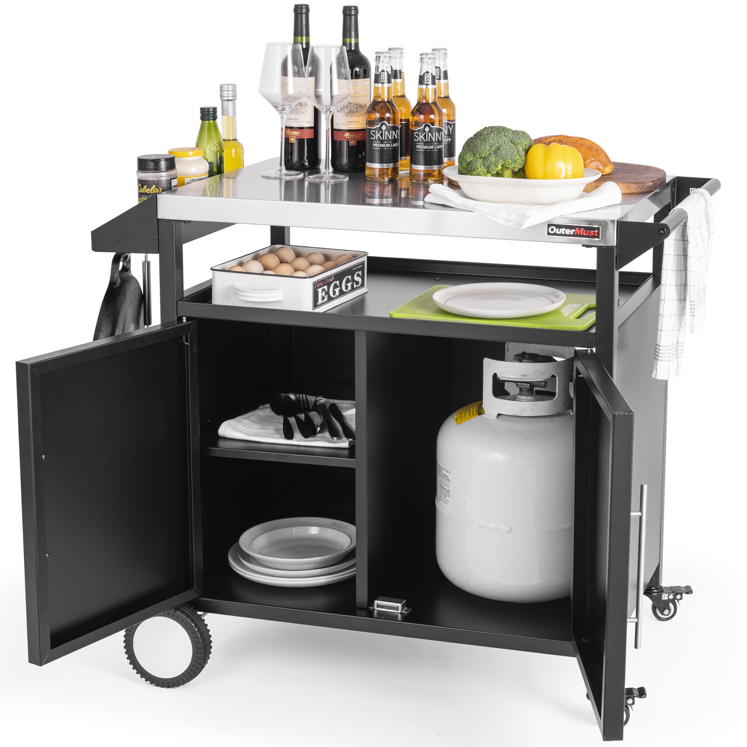 OuterMust Grill Table Outdoor Kitchen Cabinet, Moveable Outdoor Prep Table & Bar for Storage, Grilling and Pizza Oven, Multifunctional Silver & Black