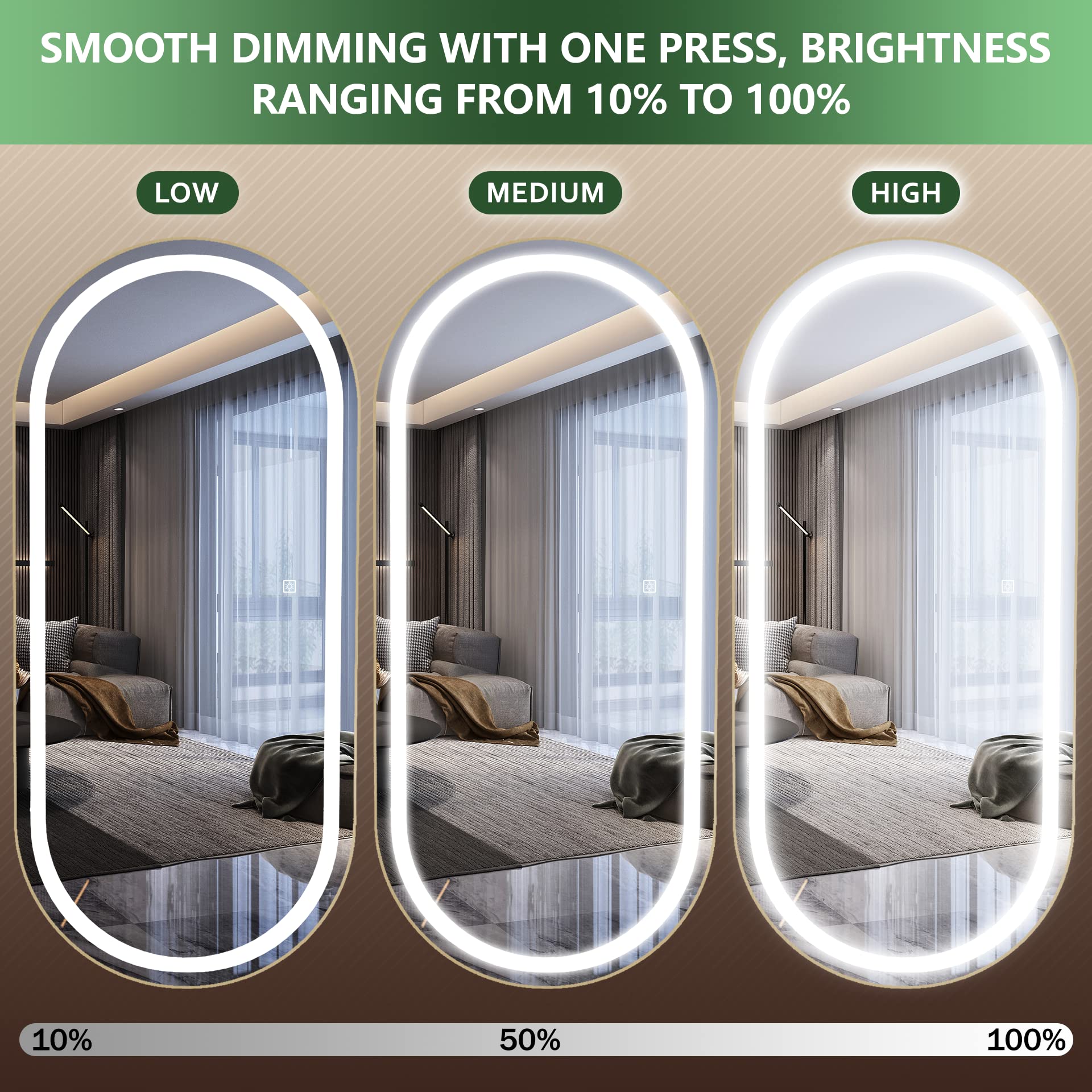FENNIO 70" x 32" Large Luxury Wall Mounted Mirror with LED Lights - Oval Full Length LED Lighted Full Body Dressing Mirror for Bedroom, Salon, Brushed Aluminum Frame, Tempered Glass