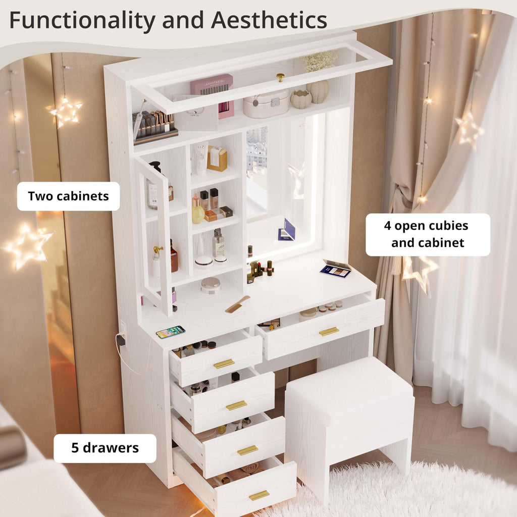 IRONCK Vanity Desk with Lighted Mirror and 5 Drawers and Cabinet Shelves, 74.4" Height Makeup Table Set with Stool, Large Storage and Space Saving, White