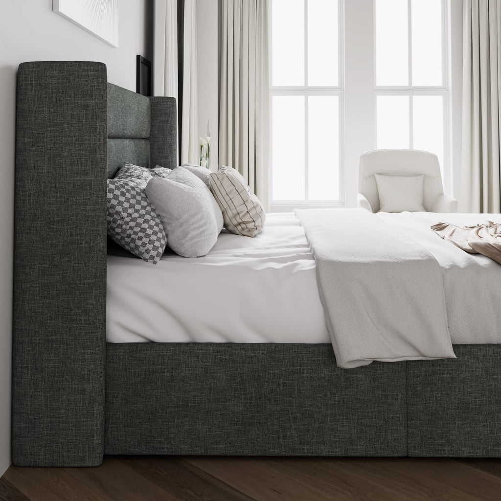 SHA CERLIN Full Size Lift Up Storage Bed/Modern Wingback Headboard/Upholstered Platform Bed Frame/Hydraulic Storage/No Box Spring Needed/Wood Slats Support/Dark Grey