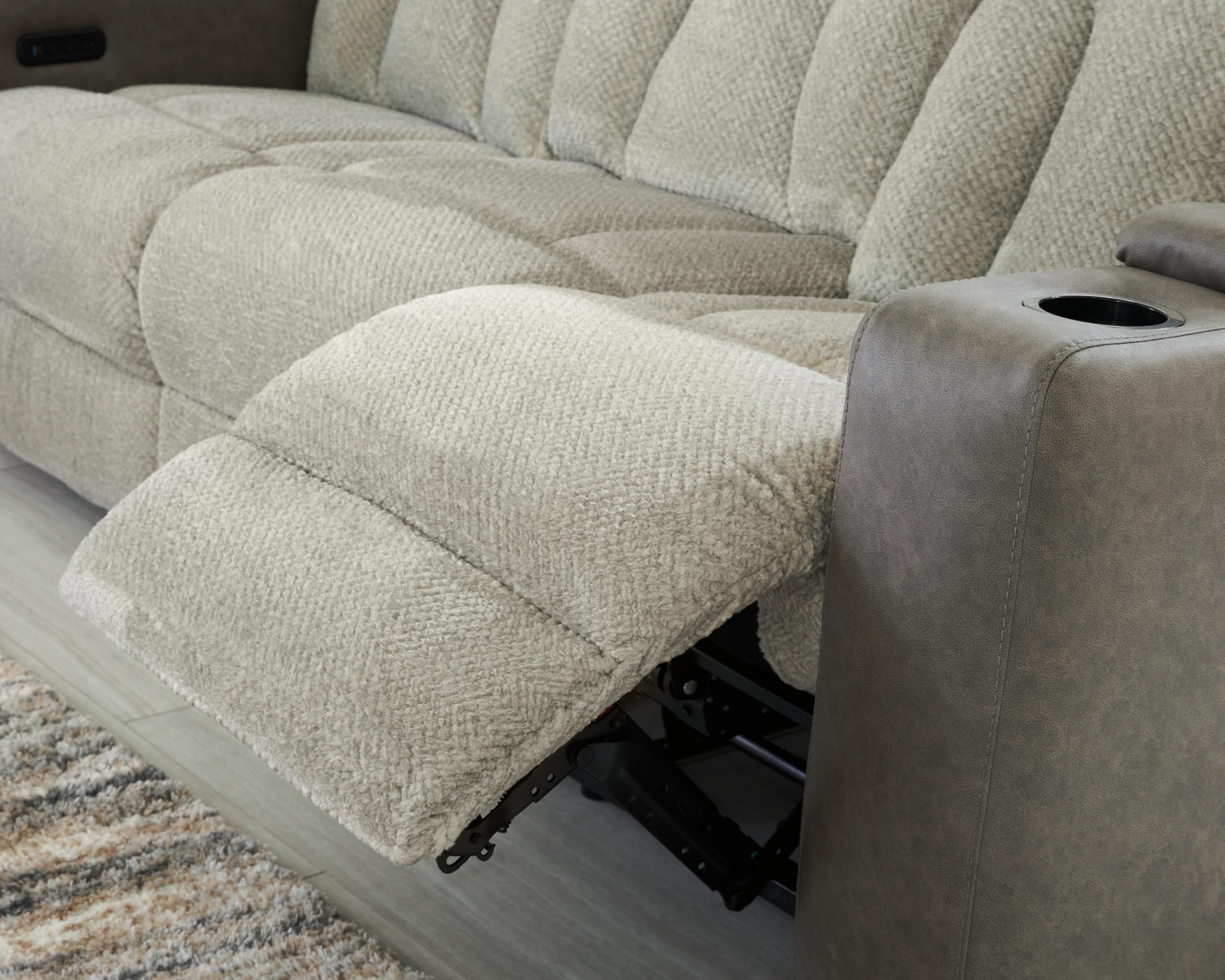 Signature Design by Ashley Point Clear Transitional Faux Leather Power Reclining Sofa with Drop Down Table, Lumbar Massage, LED Lights and Adjustable Headrest, Gray & Beige