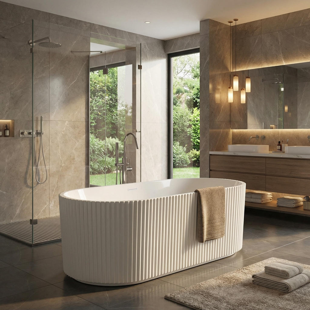 GarveeTech 59" Freestanding Acrylic Bathtub - Luxury Soaking Tub with Overflow Drain, CUPC Certified, Pleated Design, Glossy White, Easy Installation for Modern Bathroom
