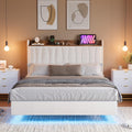 Garvee King Size Floating Bed Frame with LED Lights and Storage Headboard, King Upholstered Metal Platform Bed with Charging Station, Linen Fabric, No Box Spring Needed, Easy Assembly, White