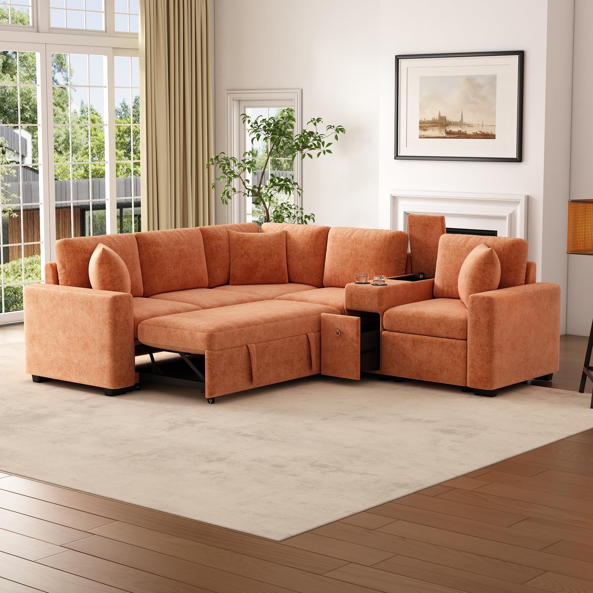 Merax 120.5" L-Shaped Sectional Sofa, Modular Convertible Couch Reversible Sleeper with Pull-Out Bed, Cup Holders, and Ample Storage for Living Room, Orange