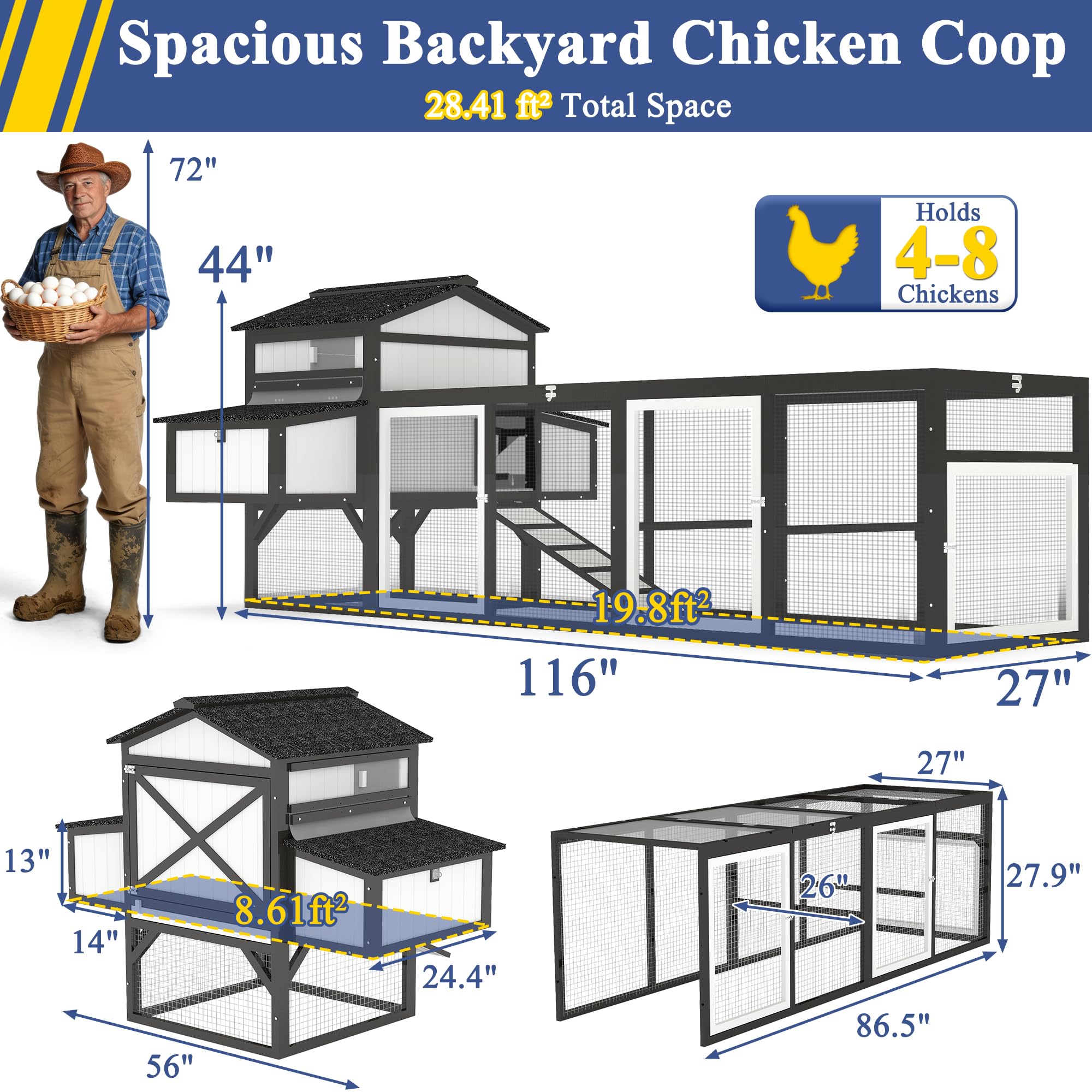 Ketive 116" Large Chicken Coop with Run, Wooden Hen House Outdoor Poultry Cage 28.41 ft² for 4–6 Chickens, 4 Nesting Boxes, 4 Perches, Easy-Clean Slide Out Tray, Expandable Backyard Coop