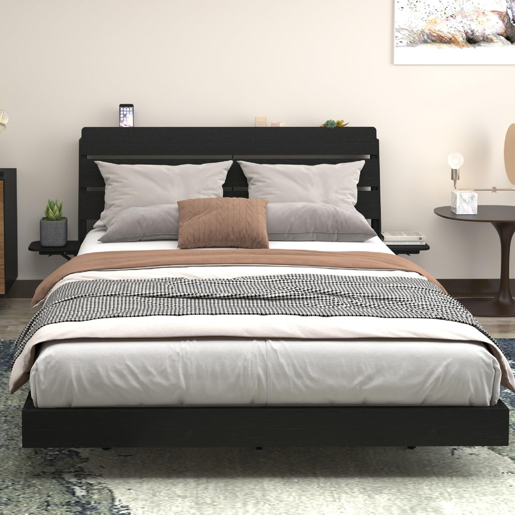 KEIKI Queen Size Floating Bed w/Storage Headboard & Tabletop, Farmhouse Wood Platform Beds Frame w/Light & Charging Station, Solid Bedframe Queen, No Box Springs Needed, Easy Assembly, Black