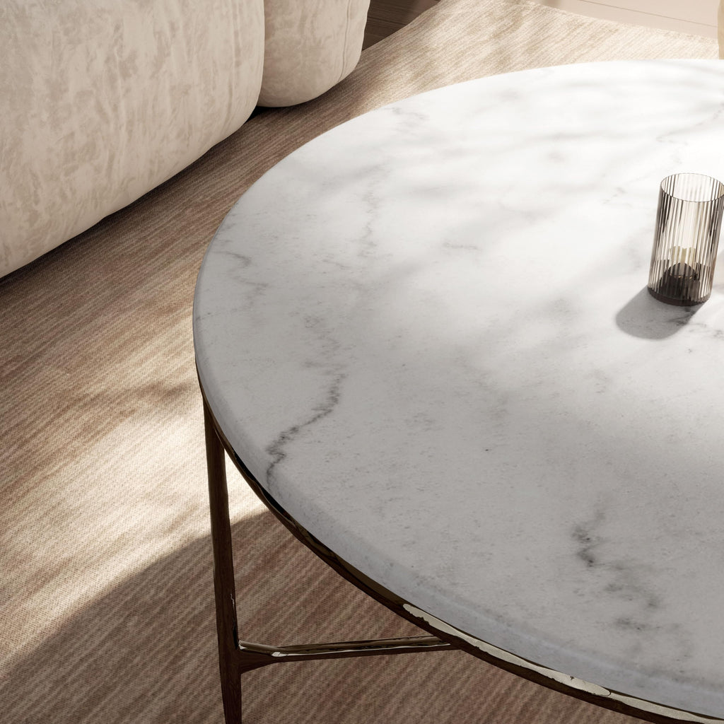 24/7 Shop at Home Aureum Modern 35-inch Round Marble Top Coffee Table with X-Brace, Hammered Dark Bronze Metal Frame for Living Room, Office, White