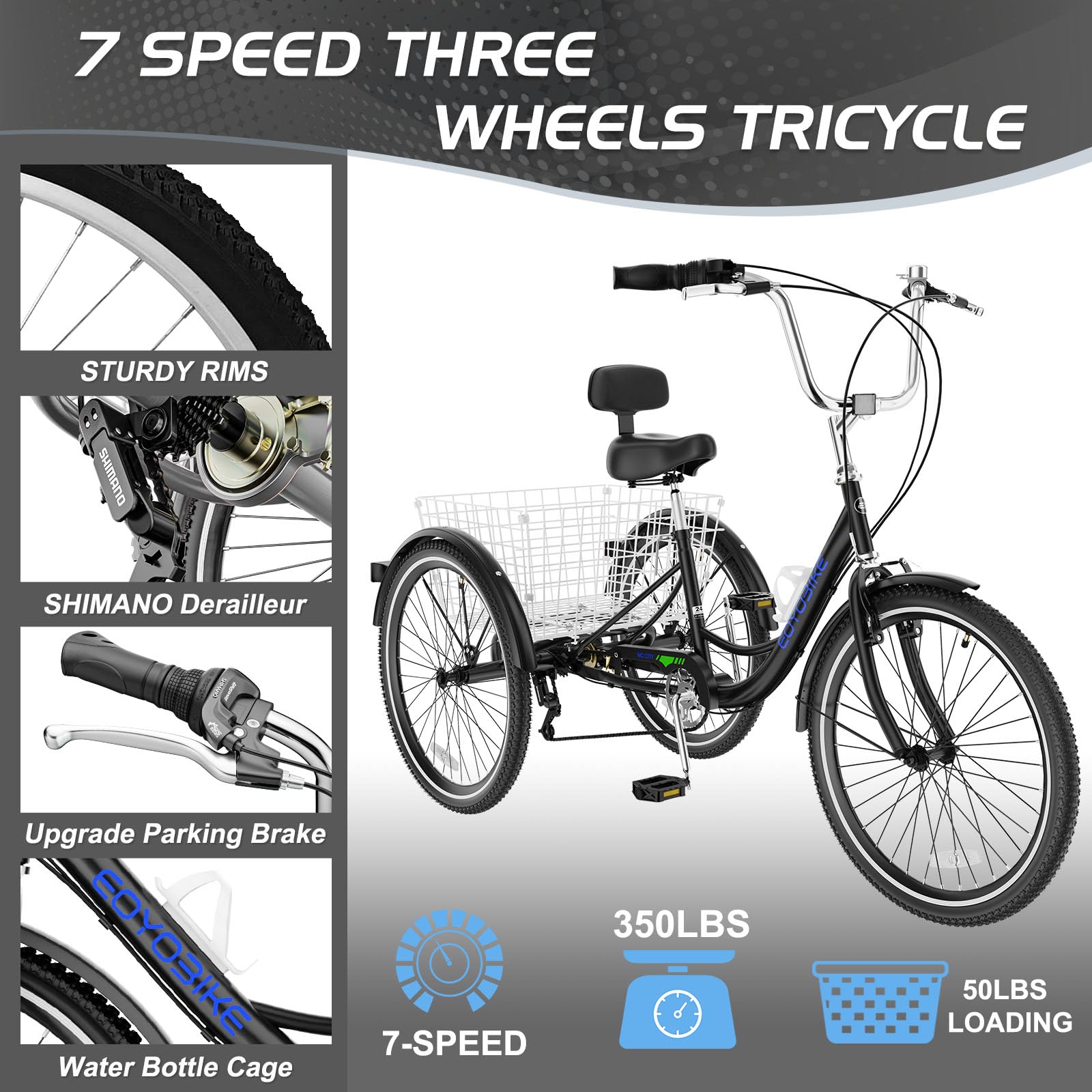 EOYOBIKE Adult Tricycle 3-Wheel Cruiser Bike, Low Step-Through Frame, Large Rear Basket, Heavy-Duty Comfort Bicycle with Adjustable Handlebar & Spring Saddle, 24/26 Inch Wheels for Seniors & Adults