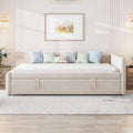 GDFStudio Full Size Upholstered L-Shaped Daybed with Pop Up Trundle, Vertical Stripe Design, Padded Backrest, No Box Spring Needed, Beige