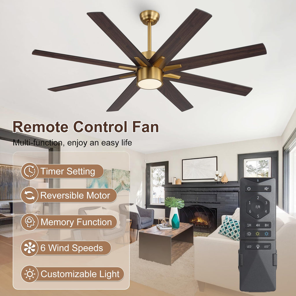 WINGBO 64 Inch Ceiling Fan with Light - 8 Plywood Blades, 6-Speed Reversible DC Motor, Noiseless Remote Control Ceiling Fans with Lights for Bedroom Living Room Kitchen, Gold and Walnut/Black