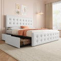 GarveeHome King Size Bed Frame with 4 Storage Drawers and Faux Leather Upholstered Headboard, Wooden Slats Support, Button Tufted Design, No Box Spring Needed, White
