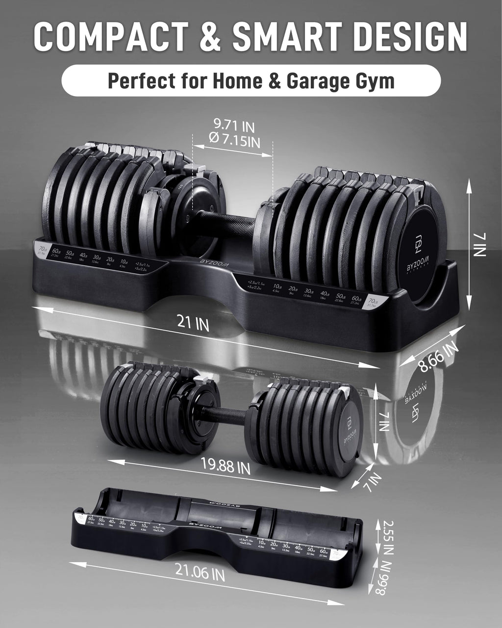 BYZOOM FITNESS Pure Series 75LB Adjustable Dumbbell SINGLE UNIT - 21-in-1 Flexible Hand Weights with Precision Micro Plate for Harcore Users Home Gym, Strength Training & Fitness Workouts, Black