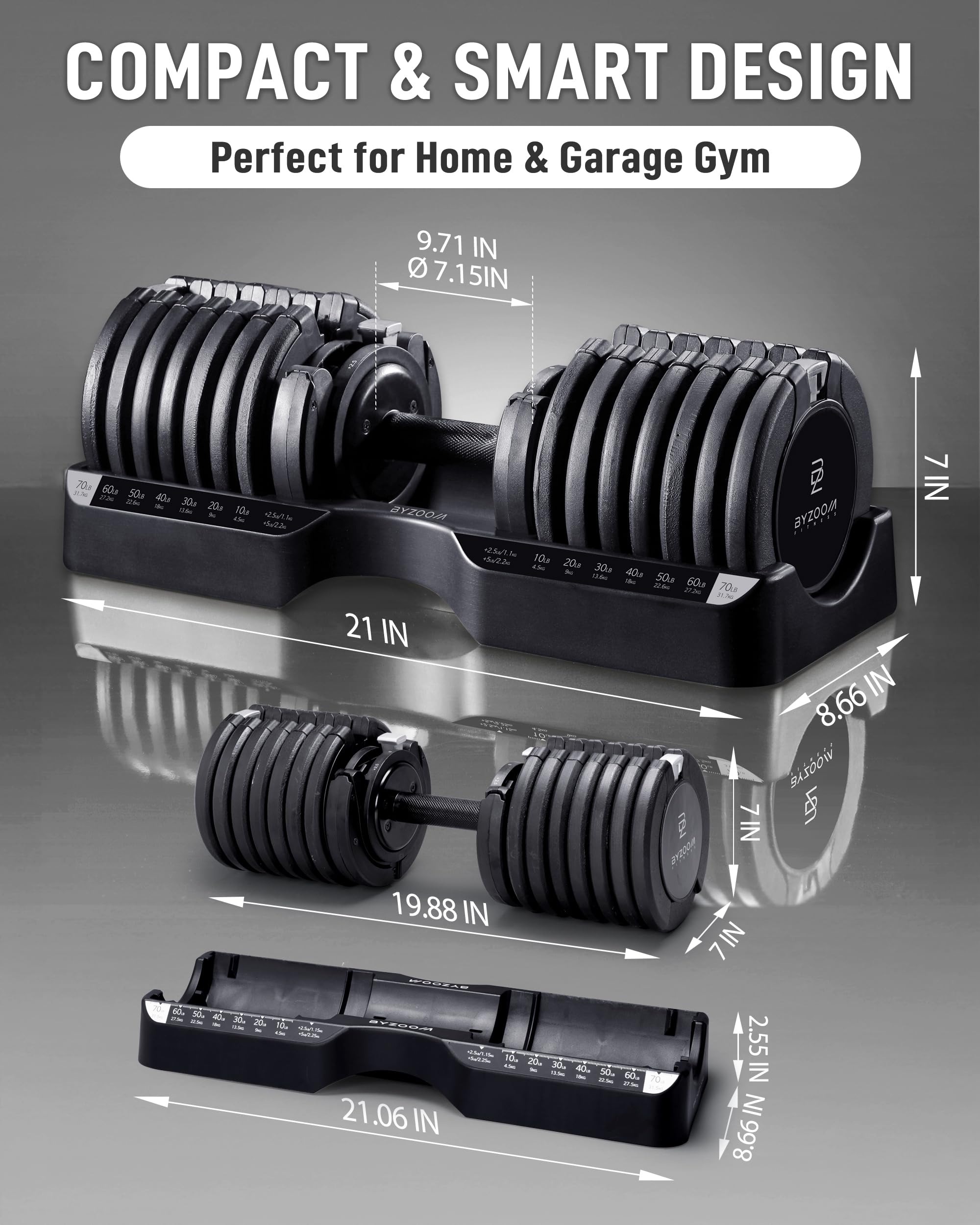 BYZOOM FITNESS Pure Series 75LB Adjustable Dumbbell SINGLE UNIT - 21-in-1 Flexible Hand Weights with Precision Micro Plate for Harcore Users Home Gym, Strength Training & Fitness Workouts, Black