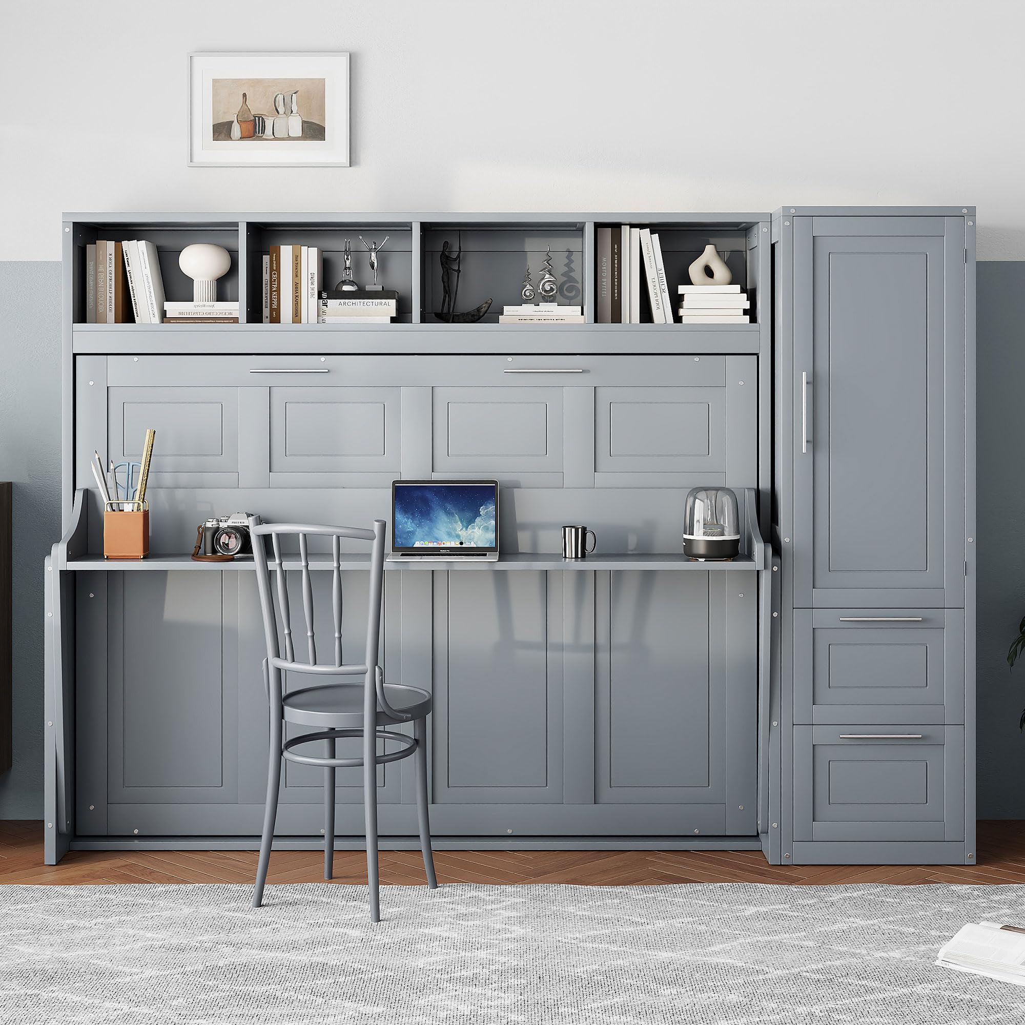 Ball & Cast Queen Size Murphy Bed Wall Chest with Closet and Storage Drawers,Wood Hideaway Platform Bedframe can be Folded,Easy Assembly,for Kids Bedroom,Student Dorms,Gray