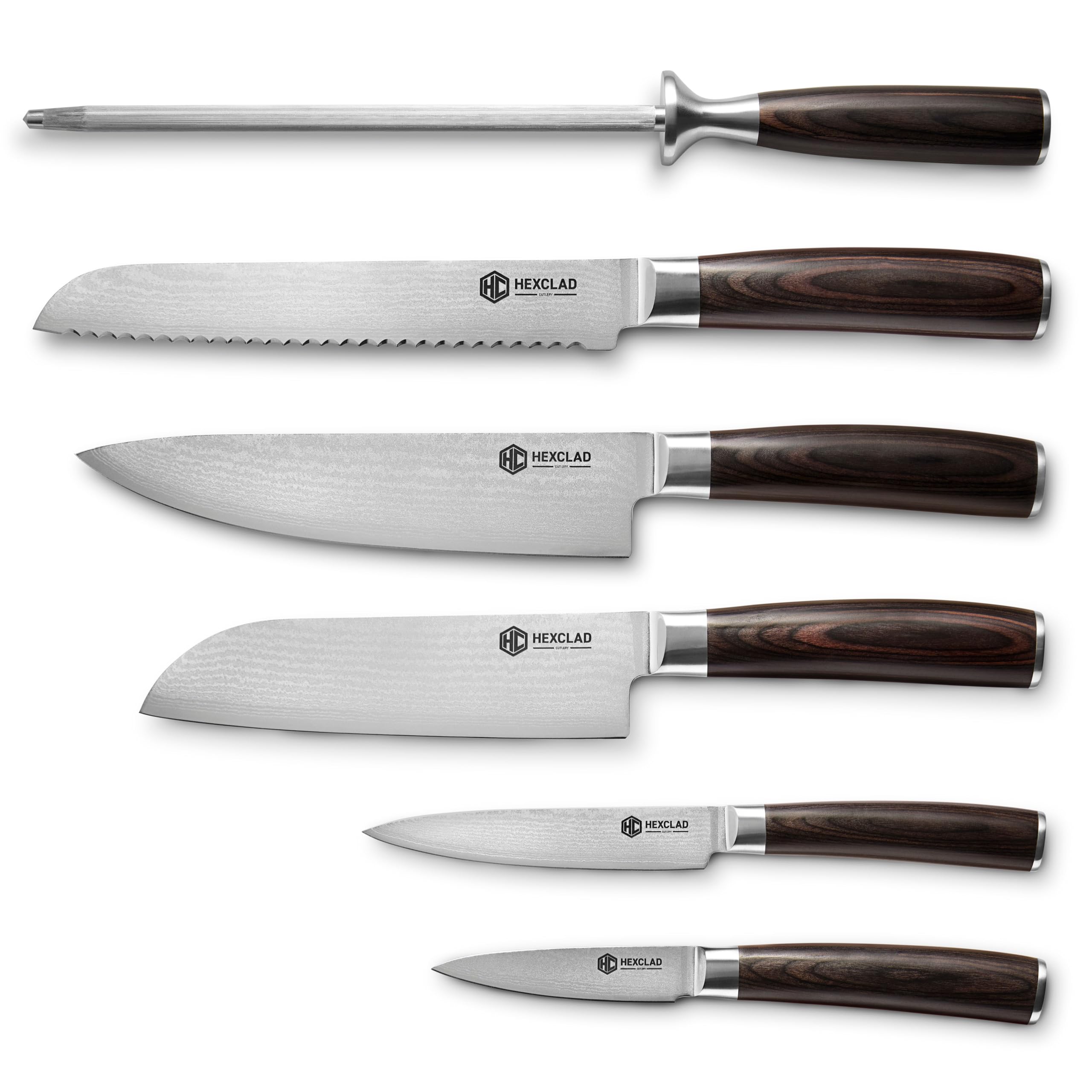 HexClad 6-Piece Espresso Damascus Knife Set, 67-Layer Japanese Damascus Stainless Steel Blades, 60 HRC, Made with the 3-Step Honbazuke Method, Pakkawood Handles, 12-Degree Edge
