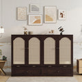 KEIKI Queen Murphy Bed w/Rattan Doors & Drawers, Space-Saving Foldable Wall Bed w/USB, Foldable Hidden Bed, Farmhouse Boho Style Guest & Living Room Bed, Espresso