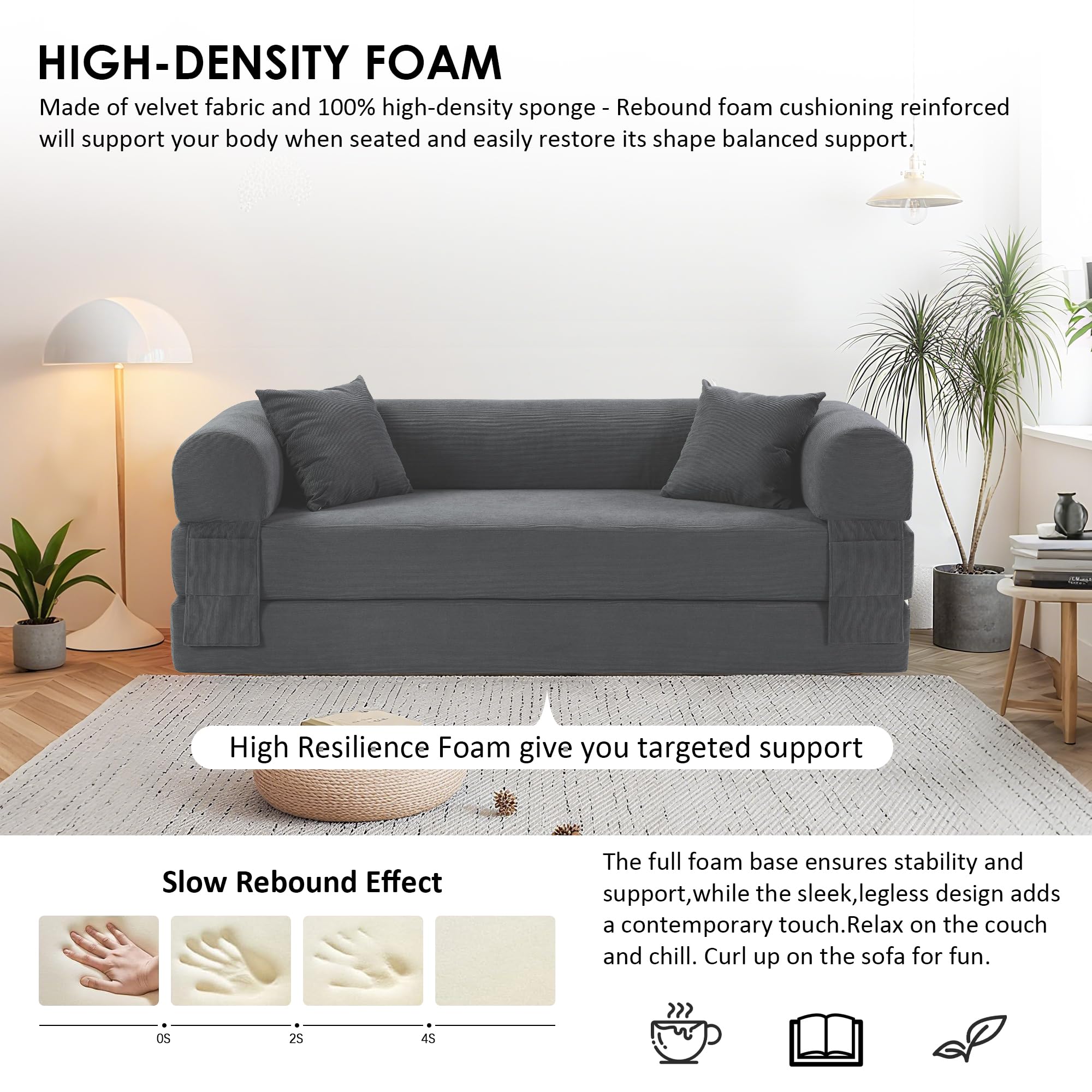 80” Convertible Sofa Bed, Cloud Boneless Couch Floor Sleeper Bed with Pillows, Corduroy Compression Sofa in Box, No Assembly Modular Lounge Couch for Living Room, Smog Gray