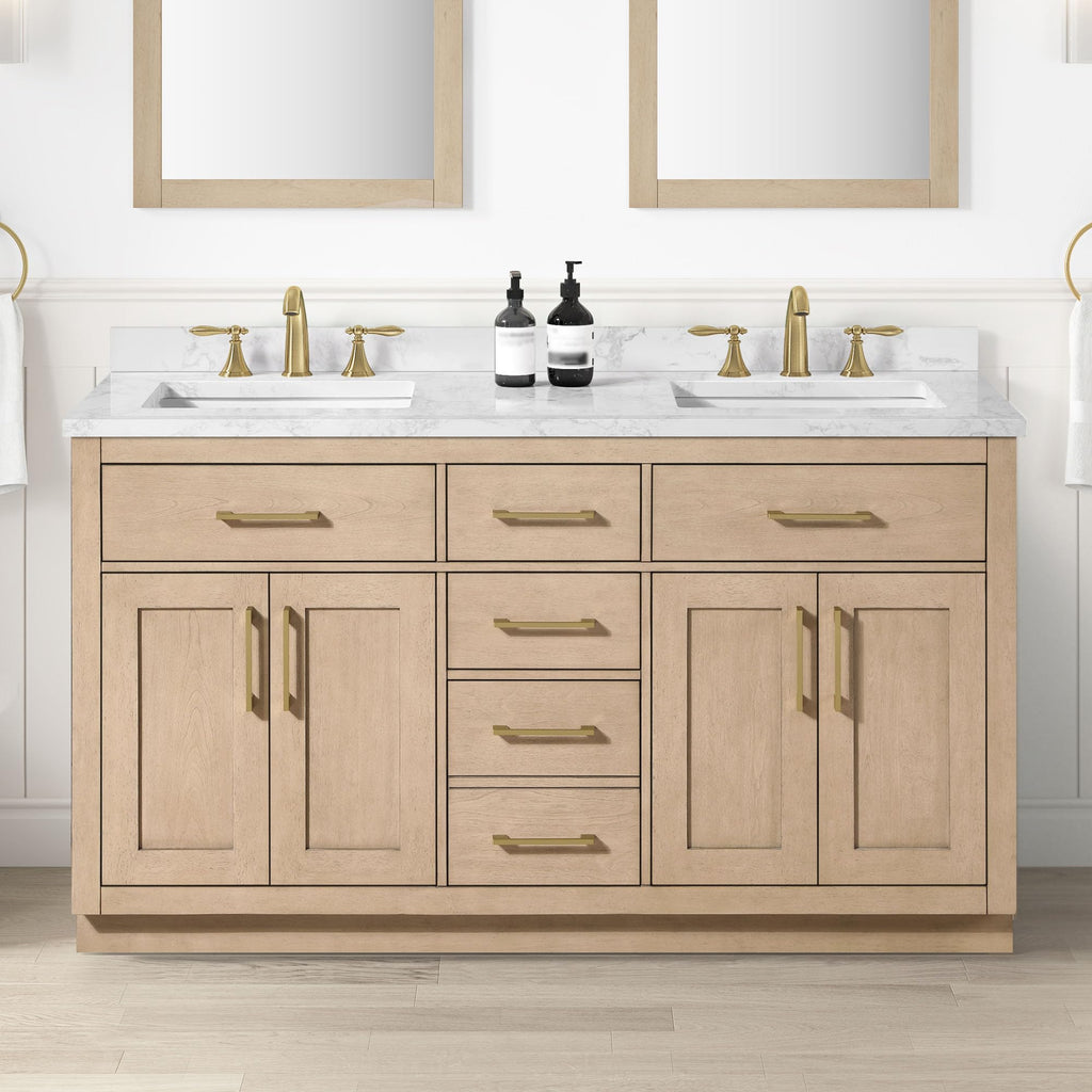 OVE Decors Athea 60 in. Double Sink Freestanding Sahara Birch Bathroom Vanity with White Engineered Marble Top, Matching Backsplash, Power Bar and Brushed Gold Hardware