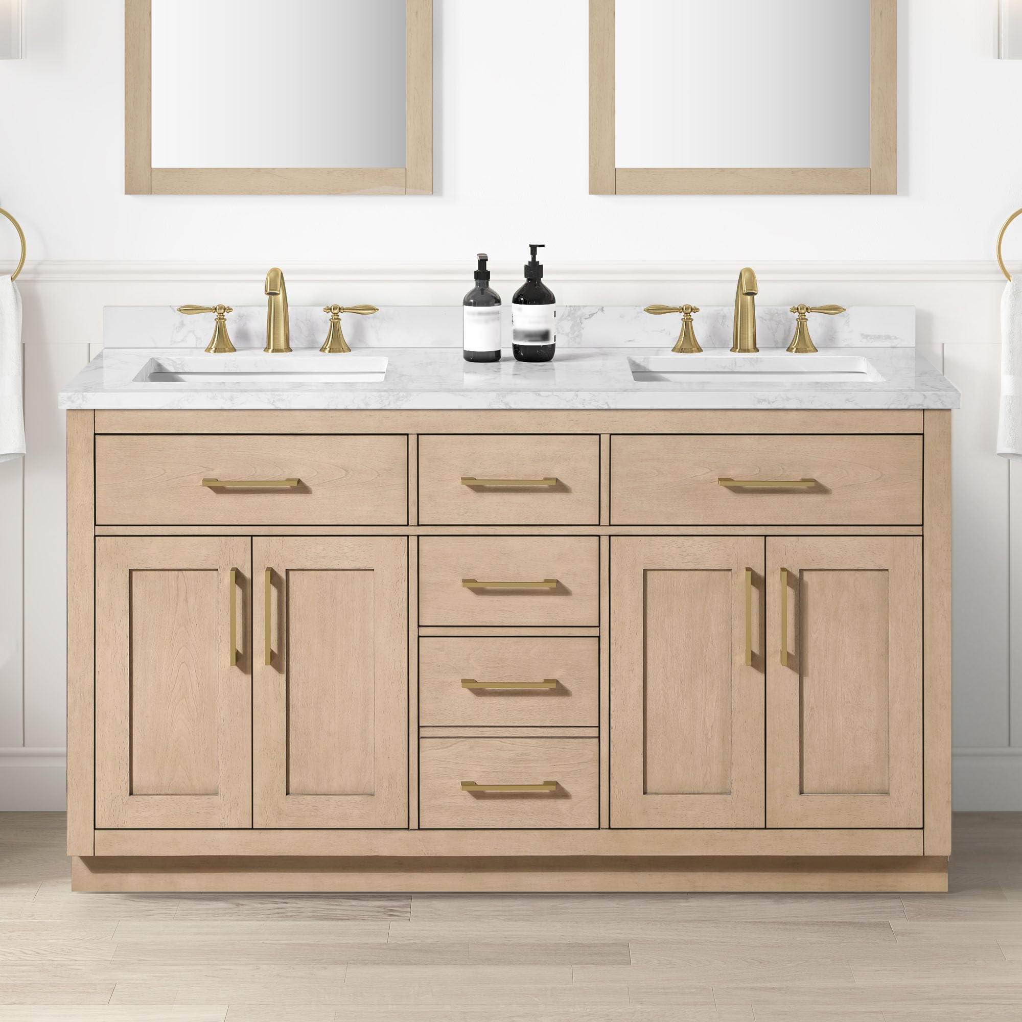 OVE Decors Athea 60 in. Double Sink Freestanding Sahara Birch Bathroom Vanity with White Engineered Marble Top, Matching Backsplash, Power Bar and Brushed Gold Hardware