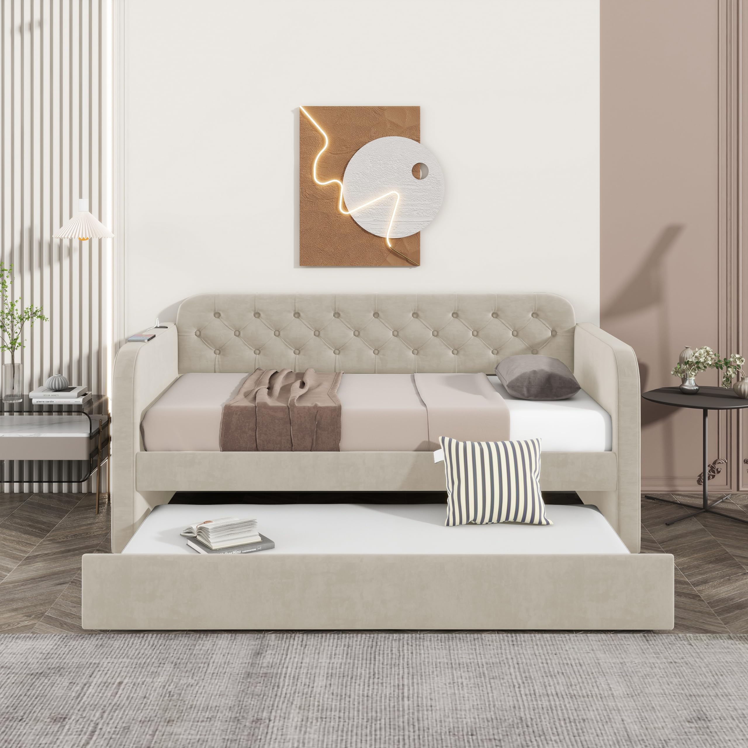KEIKI Twin Upholstered Daybed with Trundle & USB Charging, Plush Velvet Button-Tufted Headboard Twin Bed Frame with Wood Slats, Sofa Bed for Living Room or Bedroom, Light Beige