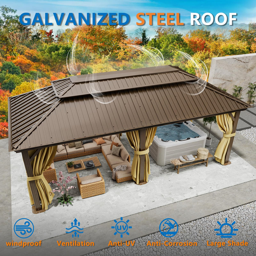 HOTEEL 12x20 Hardtop Gazebo on Clearance with Metal Roof & Drainage System, Heavy Duty Galvanized Steel Gazebo with Aluminum Frame, Privacy Curtains and Netting, for All-Weather, Brown(2026 Upgraded)