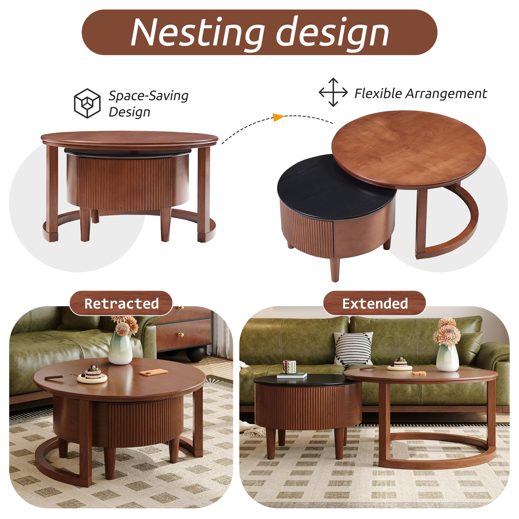 Merax 31.5'' Vintage Round Nesting Wood Coffee Table Set, 2-Tier with Drawer & Storage, Two-Tone Finish Fluted Design for Living Room Apartment, Walnut+Black