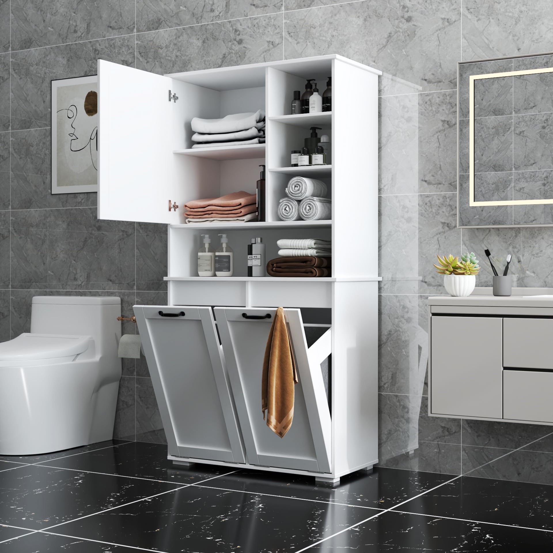KEIKI 62.99'' H Laundry Cabinet with Doors and shelf, Tilt-Out Laundry Hamper, Multiple Storage Space, Freestanding Style, Open Shelve, Adjustable Shelf, White, (Style C)