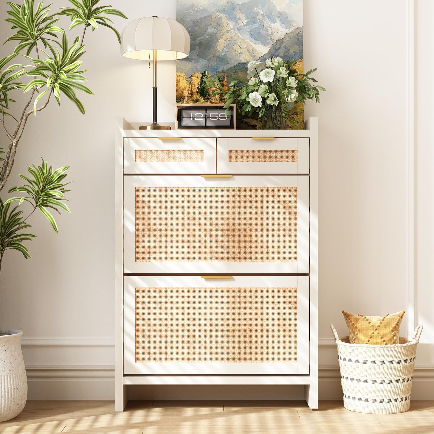 Shoe Organizer Cabinet Storage for Entryway - Slim Rattan Shoe Rack for Front Door Entrance, Narrow Hidden Shoe Cabinet with Flip Drawers, Boho Shoe Holder Cabinet，Two Doors, White, Set of 2