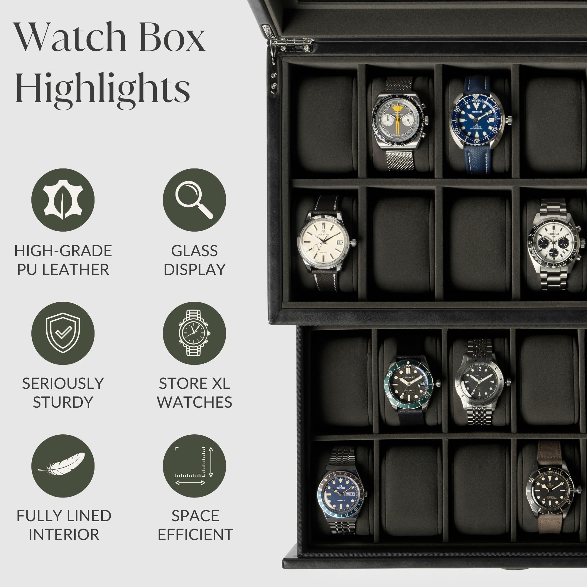TAWBURY Watch Box for Men - Extra Large 24 Slot Watch Case with Real Glass Display, Removable Drawer and 2-inch Wide Pillows for Large Watches (Black/Charcoal)