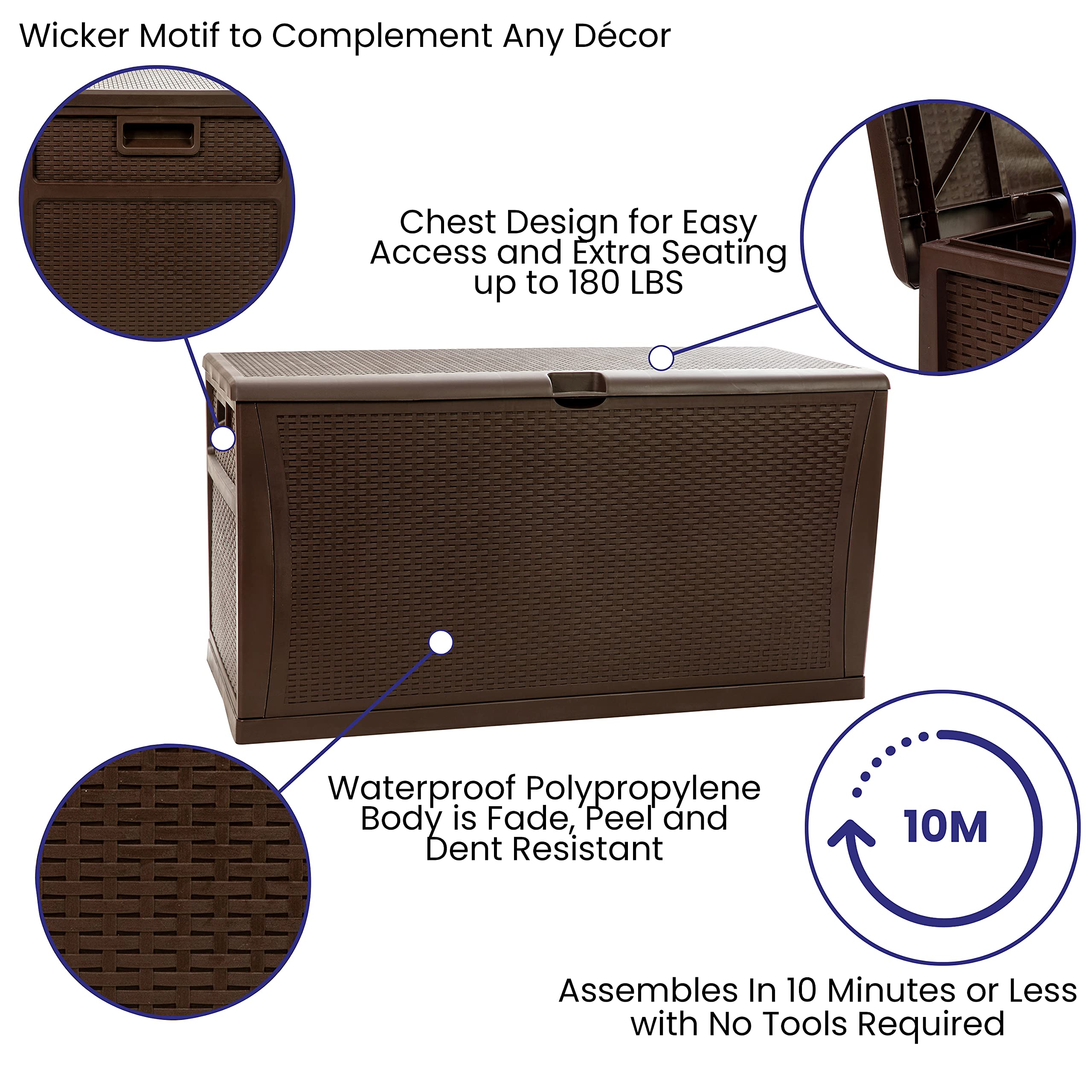 Flash Furniture 120 Gallon Plastic Deck Box - All-Weather Patio Storage and Organization for Throw Pillows, Pool Toys or Garden Tools