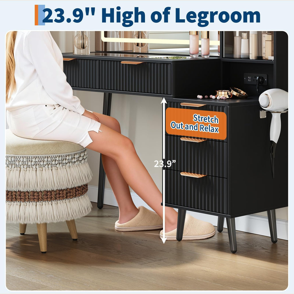 GarveeHome Fluted Makeup Vanity Desk with Lights, 48" Big Vanity with Glass Top and Large 36" HD Lighted Mirror, Modern Dressing Table with 5 Drawers 3-Tier Shelves Set w/Charging Station