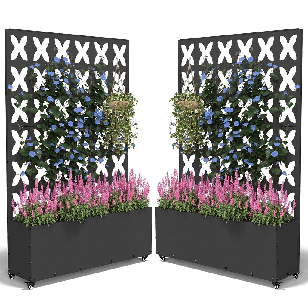 FOLAWO 2PCS Metal Planter Box with Trellis,70.9"x47.2"x15.7" Raised Garden Bed with Drainage Holes, Privacy Planters for Outdoor Garden Bed for Climbing Plants,Vegetables,and Vines, Black-X