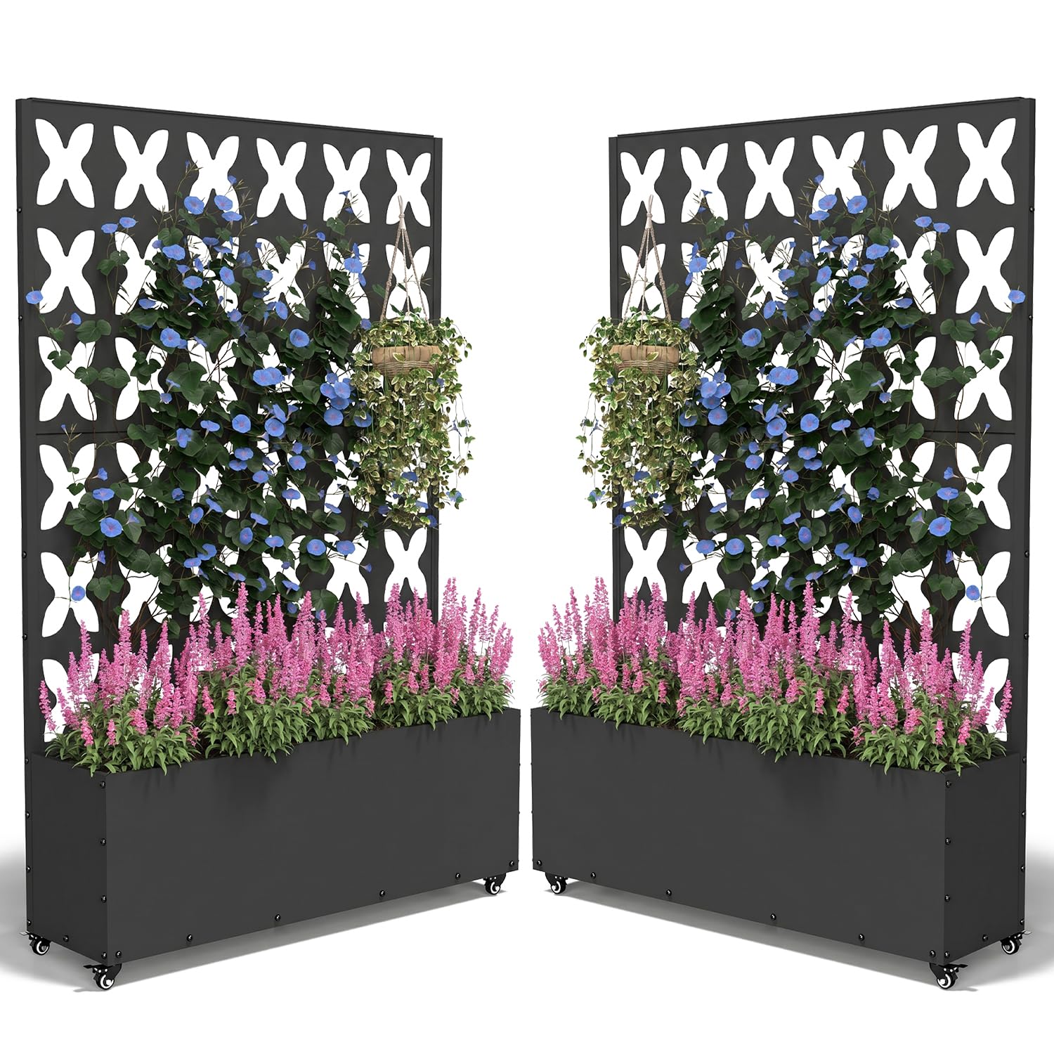 FOLAWO 2PCS Metal Planter Box with Trellis,70.9"x47.2"x15.7" Raised Garden Bed with Drainage Holes, Privacy Planters for Outdoor Garden Bed for Climbing Plants,Vegetables,and Vines, Black-X