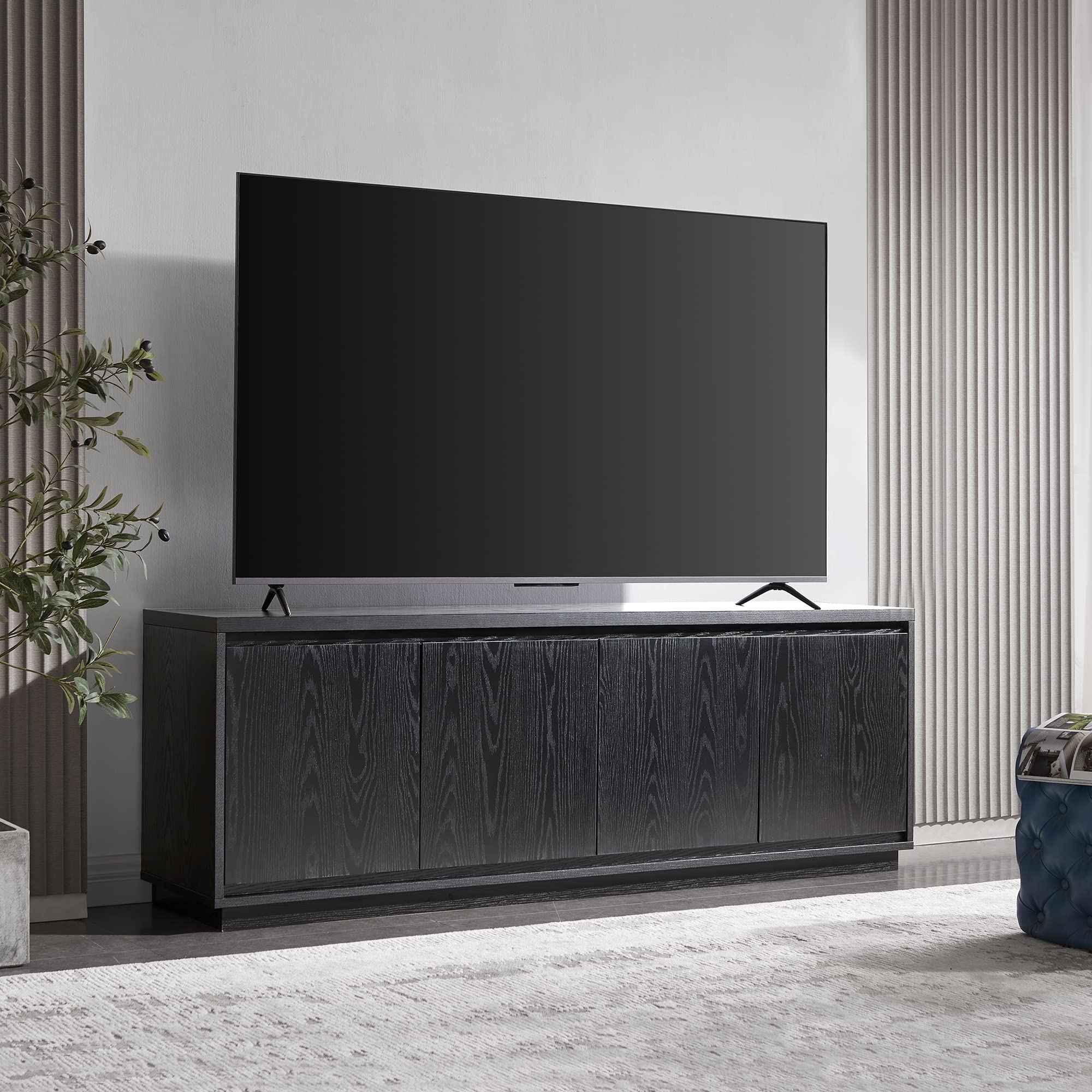 Henn&Hart TV Stand for TVs up to 75" with 2 Concealed Storage Cabinets and Adjustable Shelves for Living Room, Family Room, or Office, Natural Black