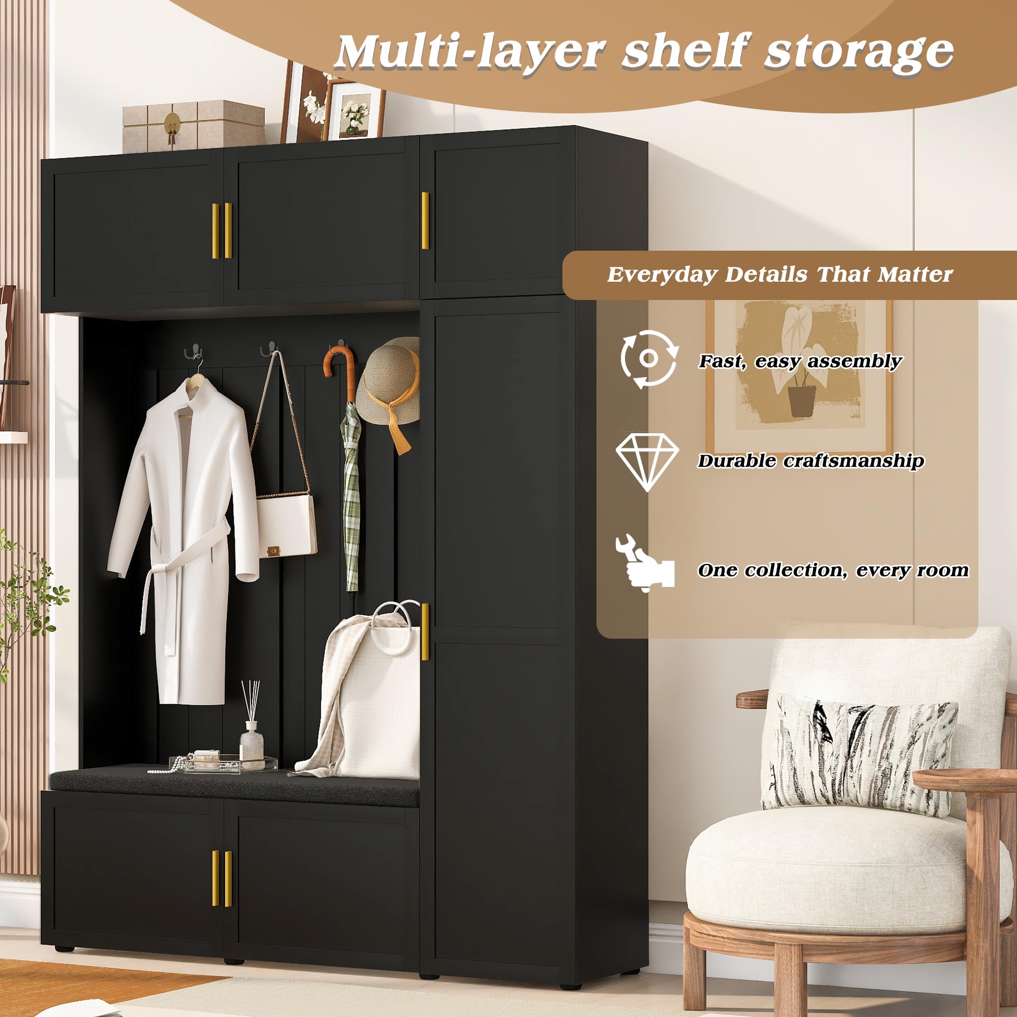 Amposei Modern Hall Tree with Shoe Storage Bench & Coat Rack, 79.72''H Tall Entryway Cabinet Organizer with 6 Doors, 4 Hooks & Padded Seat for Hallway Mudroom Living Room, Black