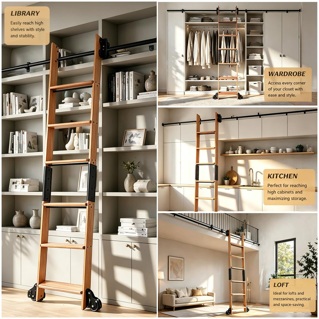 Leinuosen 86 Inch Rolling Library Ladder with 4FT Track Kit, Solid Oak Wood Ladder with Braking Wheels, Sliding Kit for Home, Bookshelf, Loft(Suitable for Installation Height 80-3/4")