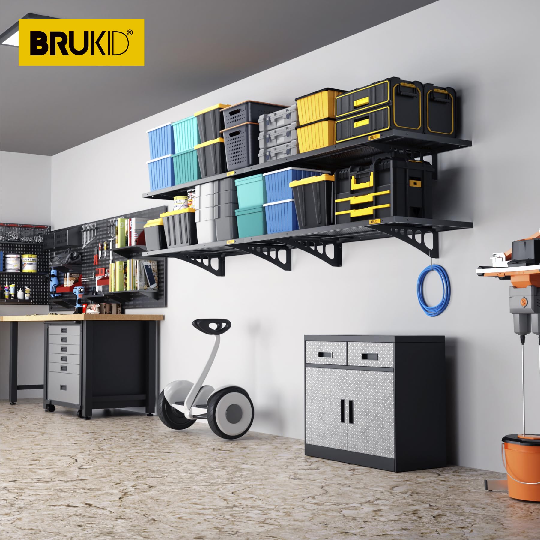 Brukid 4Pack 1.64x4ft Adjustable Metal Garage Wall Shelving Heavy Duty Garage Storage Shelf Wall Mounted Black