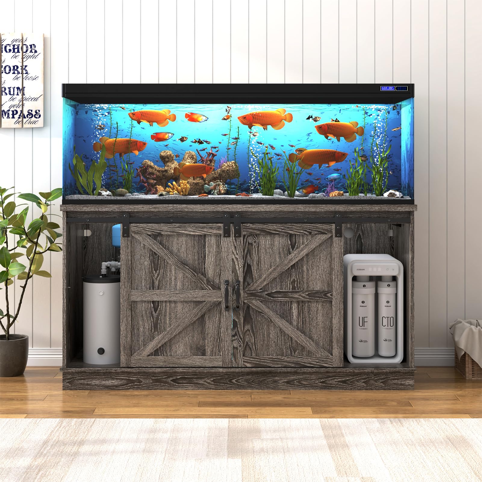 Hlivelood Farmhouse 75-120 Gallon Fish Tank Stand with Power Outlet, Aquarium Stand w/Cabinet&Sliding Barn Door, Heavy Duty Reptile Tank Stand for Fish/Turtle/Reptile Terrarium, 1000LB Capacity, Grey