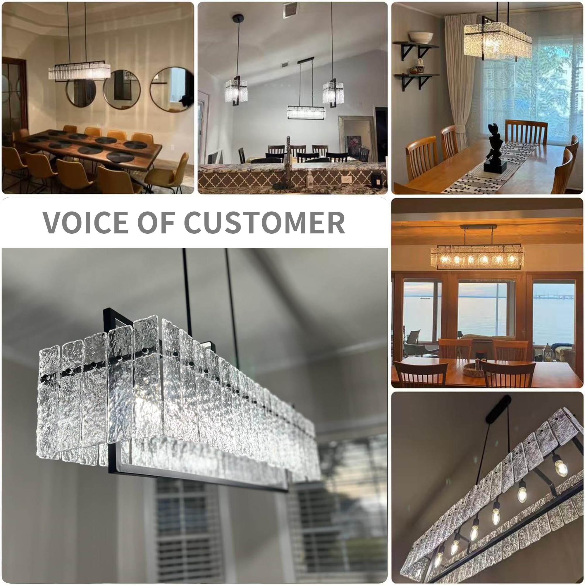 IKK Modern Rectangle Black Crystal Chandeliers for Dining Room, 42" Large Rectangular Water Ripple Glass Island Light Fixture, Linear Farmhouse Lighting for Kitchen Island, Living Room, L42xW11xH12