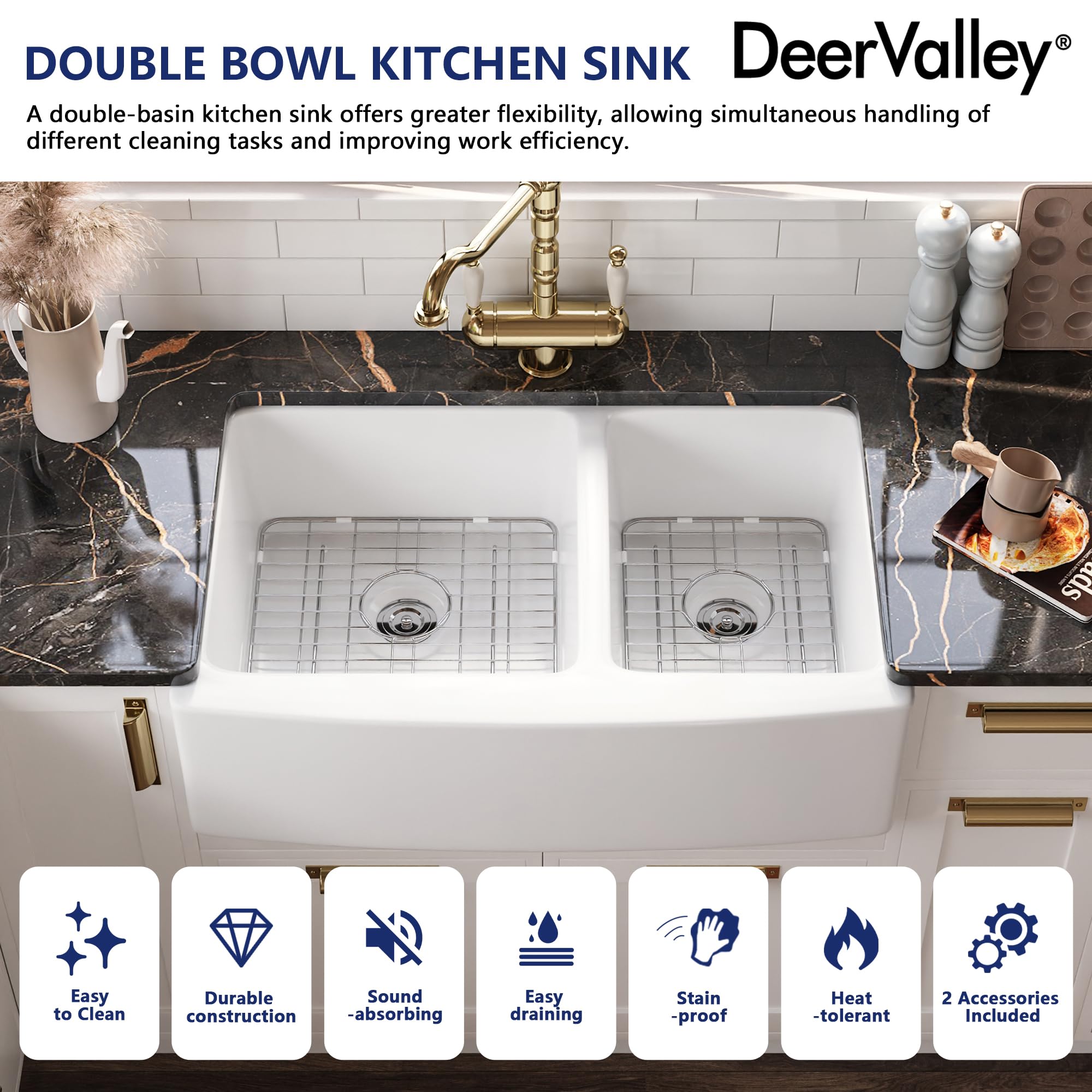 DeerValley Double Bowl White Kichen Sink 33 inch, Ceramic Apron Front Farmhouse Sink, Deep Drop-in Fireclay Undermount Large Sinks with Grid & Strainer