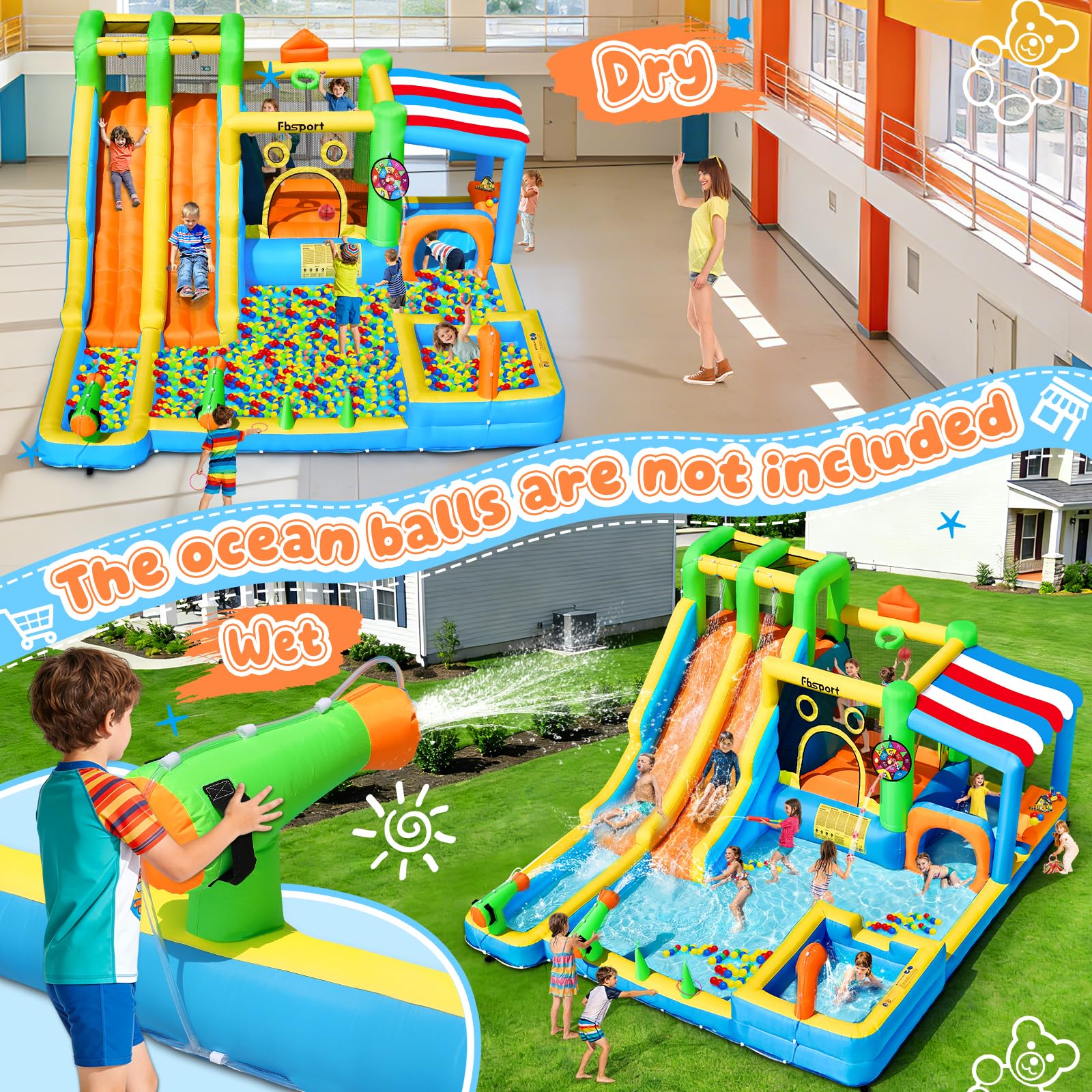 FBSPORT Inflatable Bounce House Double Water Slide,11 in 1 Inflatable Water Slide Park with 680W Blower, Splash Pool, Climbing Wall, Bouncy Castle for Indoor Outdoor Backyard
