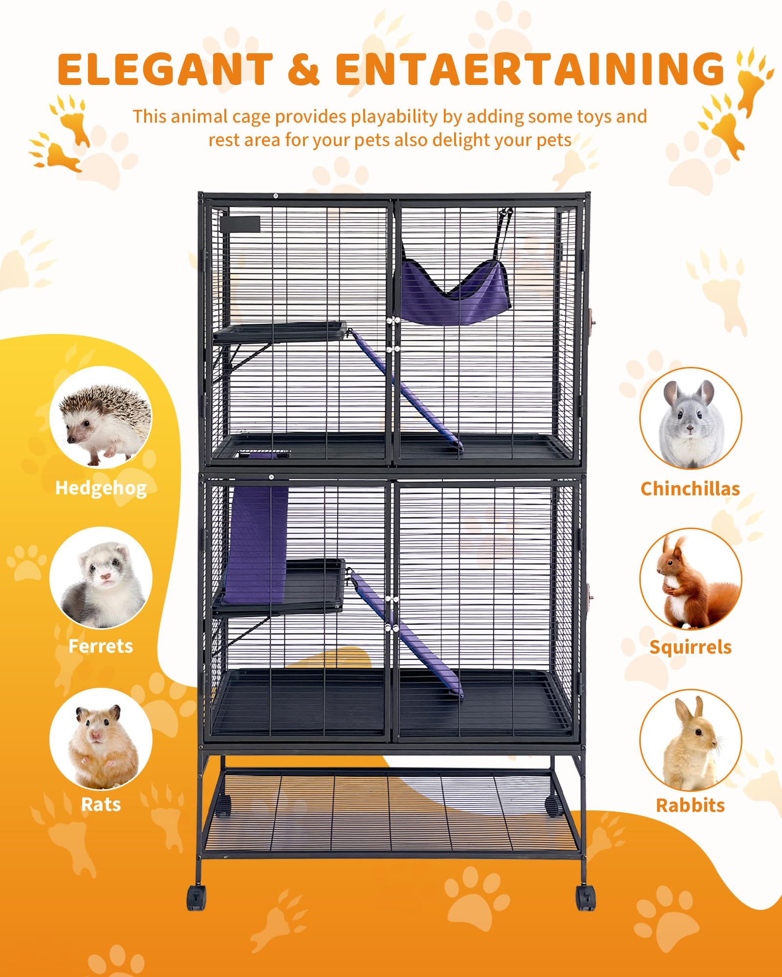 Garvee Metal Small Animal Cage,64 in H Ferret Cage for Small Animals - 4 Tier Large Hamster Cage with Removable Ramp, Hammock, Extra Storage Stand,Removable Tray for Ferret, Chinchilla, Hamster