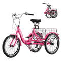 VIRIBUS Folding Tricycle for Adults, 7 Speed 20 Inch Mini Foldable 3 Wheel Bikes for Women Seniors with Dual Chain & Low Step-Through Frame, Collapsible Trike with Cargo Basket, 330 lbs, Hot Pink