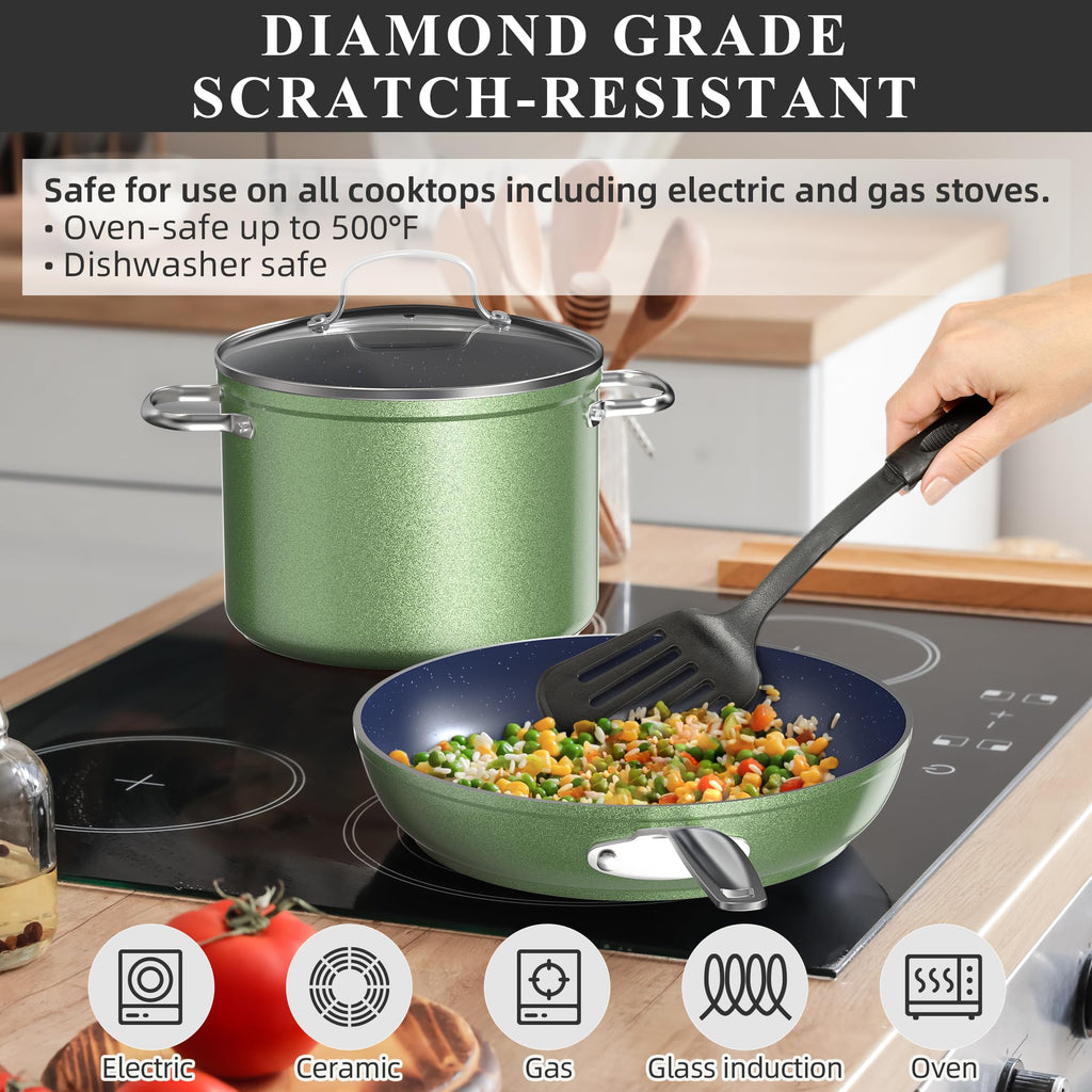 Nuwave Healthy Duralon Blue Ceramic Nonstick Cookware Set, Diamond Infused Scratch-Resistant, PFAS Free, Dishwasher & Oven Safe, Induction Ready & Evenly Heats, Tempered Glass Lids & Stay-Cool Handles