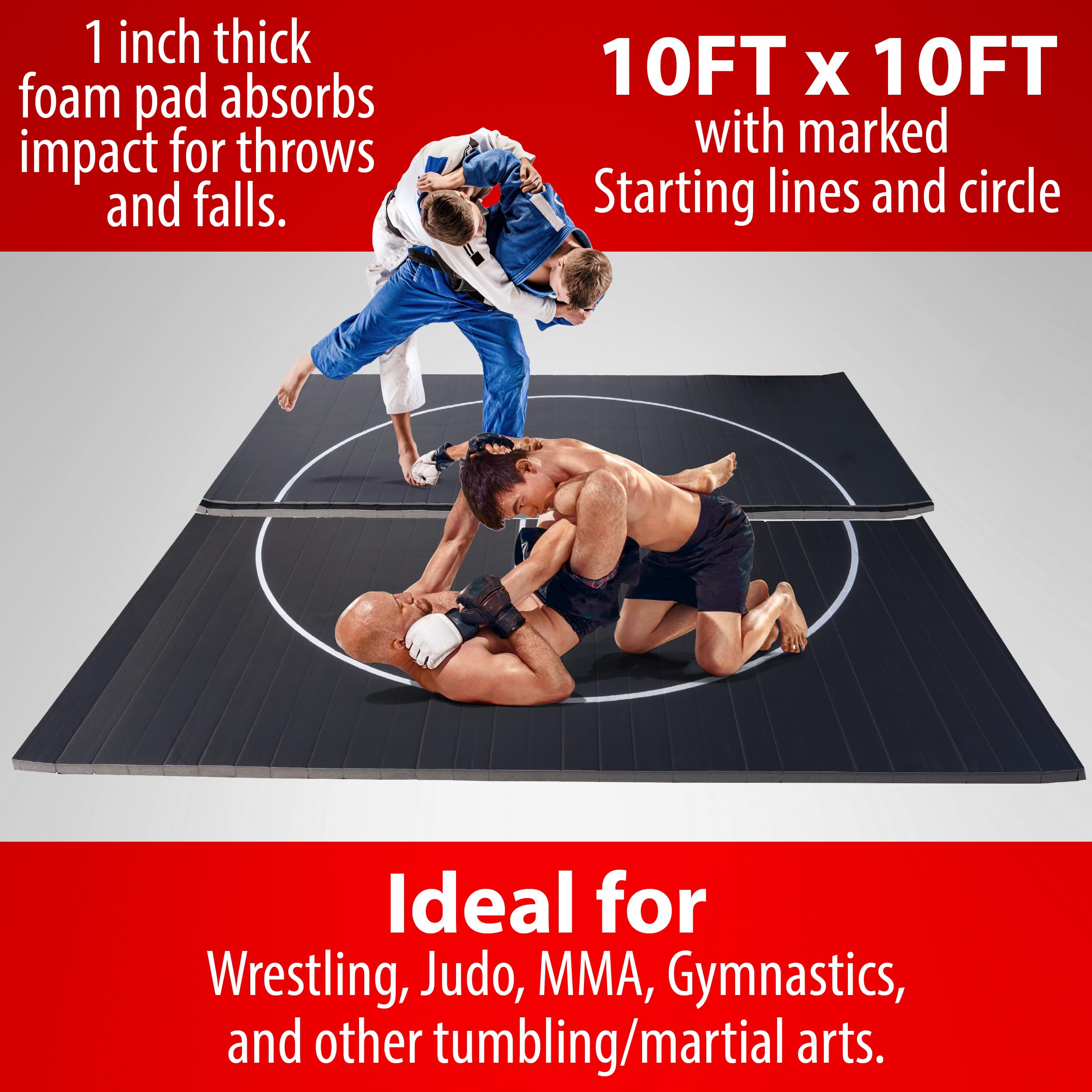 Gold Medal Sports 10' x 10' Wrestling Mat, Jiu Jitsu BJJ Mats, Wrestling Mats, Martial Arts Thick Mats for Home, Judo Tatami Wrestling, Flexi Roll