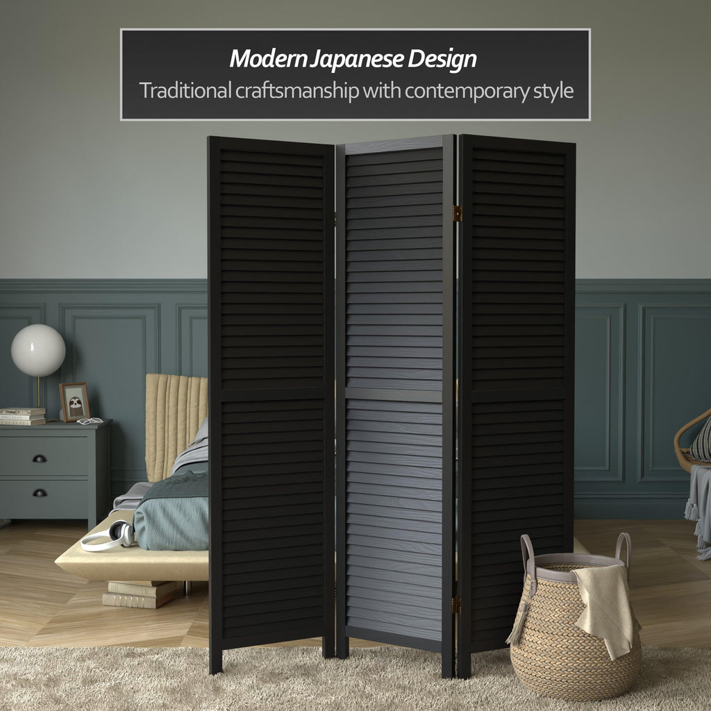 Red Lantern 6 ft. Tall Wooden Louvered Room Divider Black 3 Panel