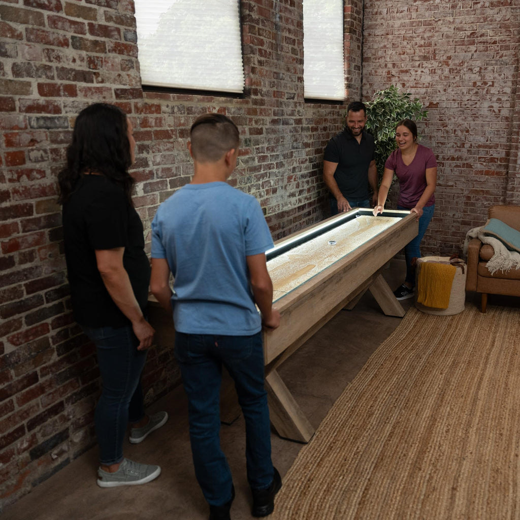 American Legend LED Shuffleboard with Buffet Top - Modern Style - Light Up LED Rails - Buffet Top with 2-Piece Leaf Design